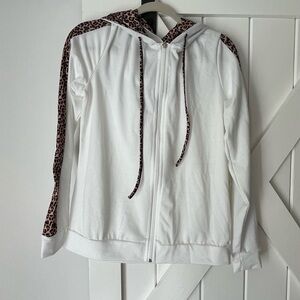 White Zip-Up Hoodie with Leopard Trim - Women's Jacket and jogger pants